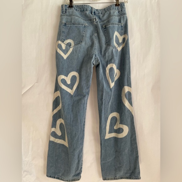 Kids Light Wash Denim w/ Bleached Hearts Design Wide Leg, size L - Picture 2 of 10